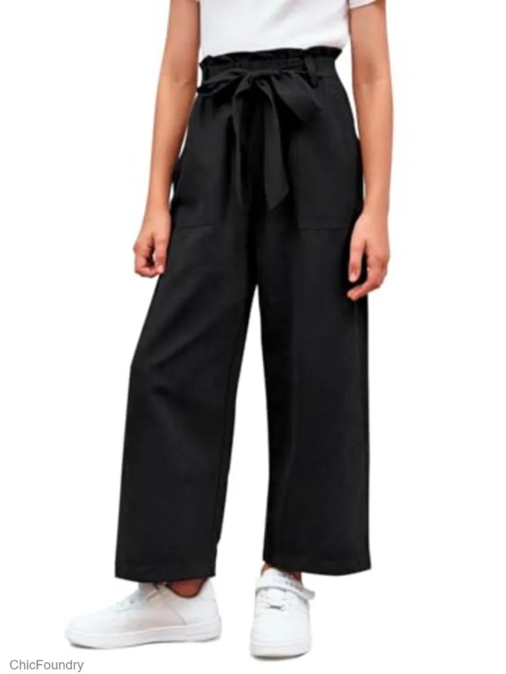 Girls Paper Bag Wide Leg Pants Stretchy High Waisted Trousers with Pockets